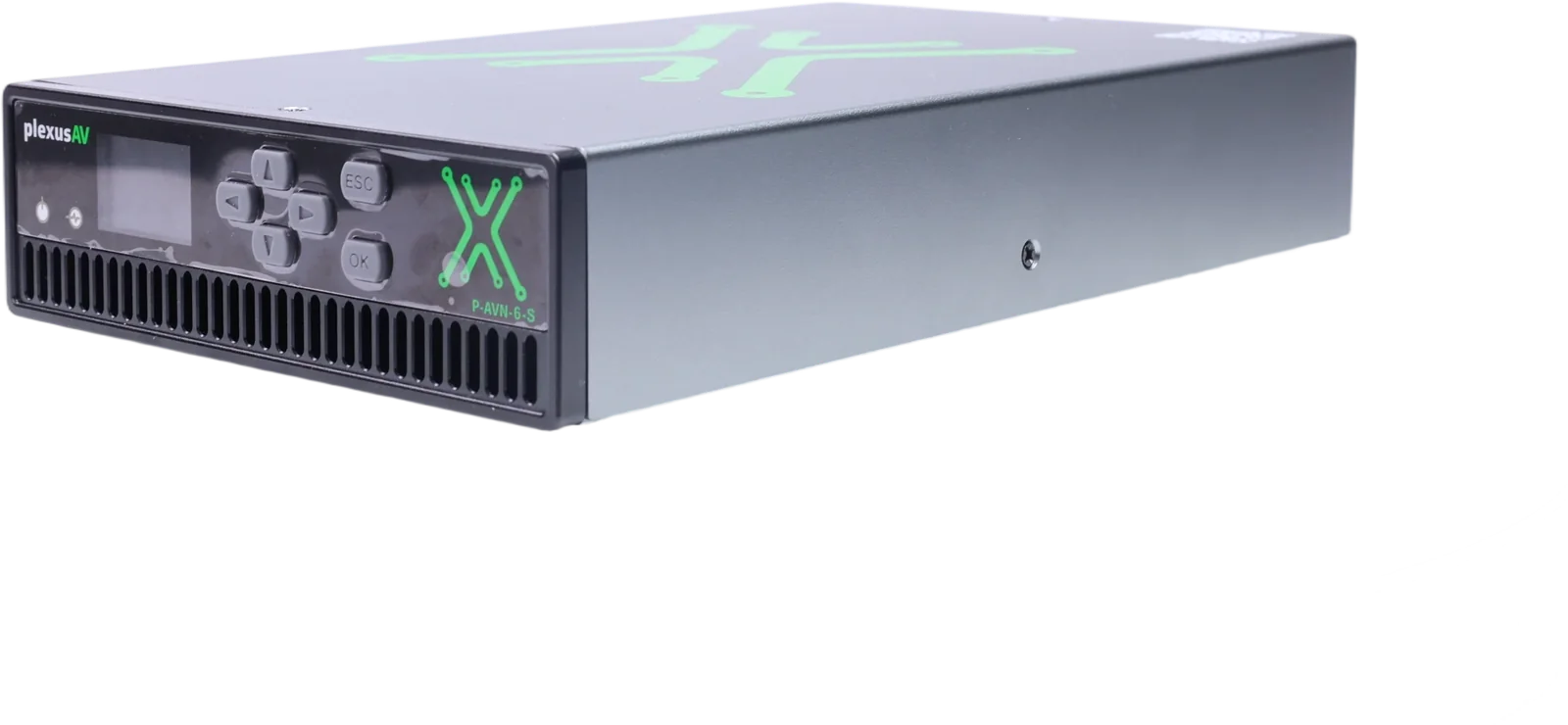PlexusAV P-AVN-6-S transceiver, front three-quarter view with colour LCD and green X brand mark