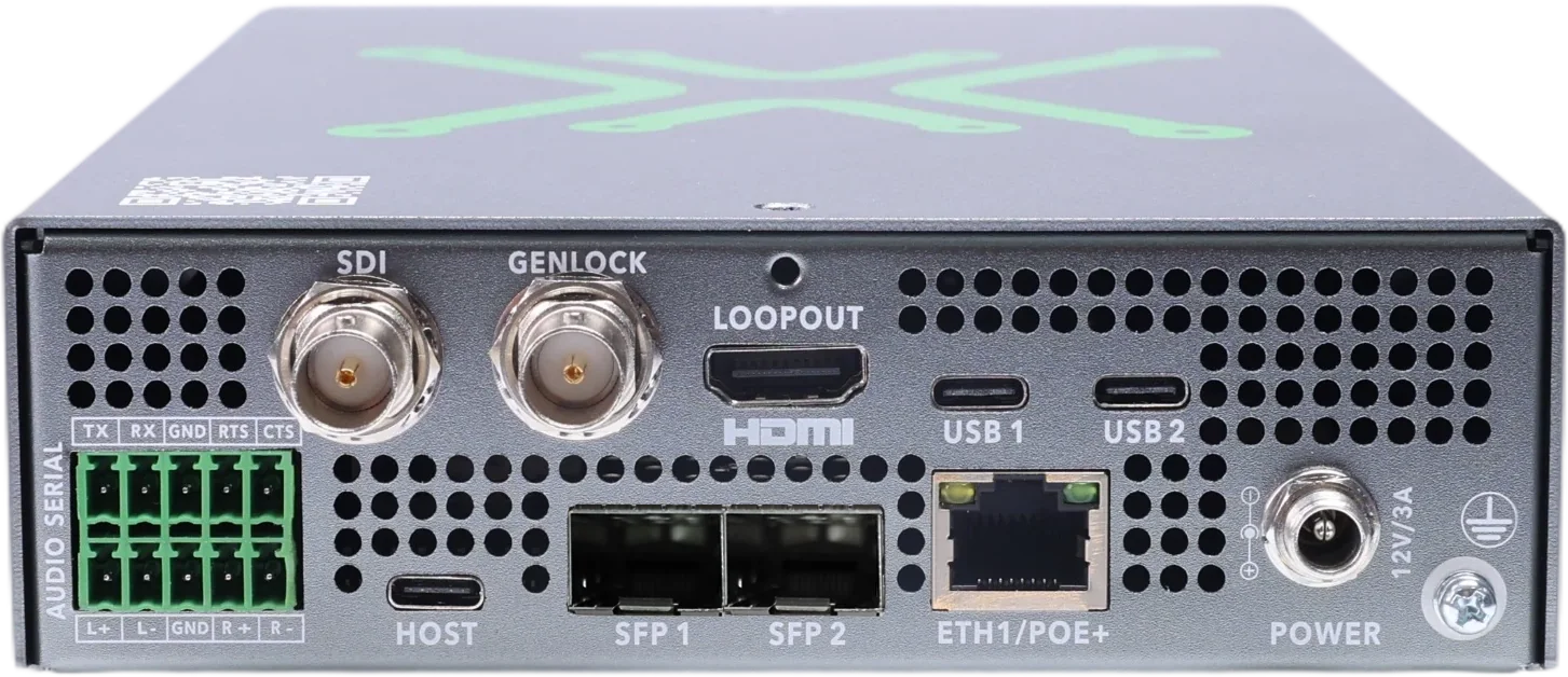 P-AVN-6-S rear panel: audio and serial Phoenix connectors, SDI and Genlock BNCs, HDMI loop out, USB-C ports, two SFP28 cages, ETH1 PoE+ and power